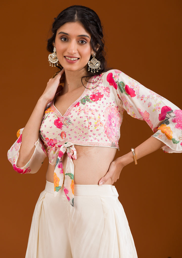 Cream Printed Semi Crepe Readymade Salwar Suit