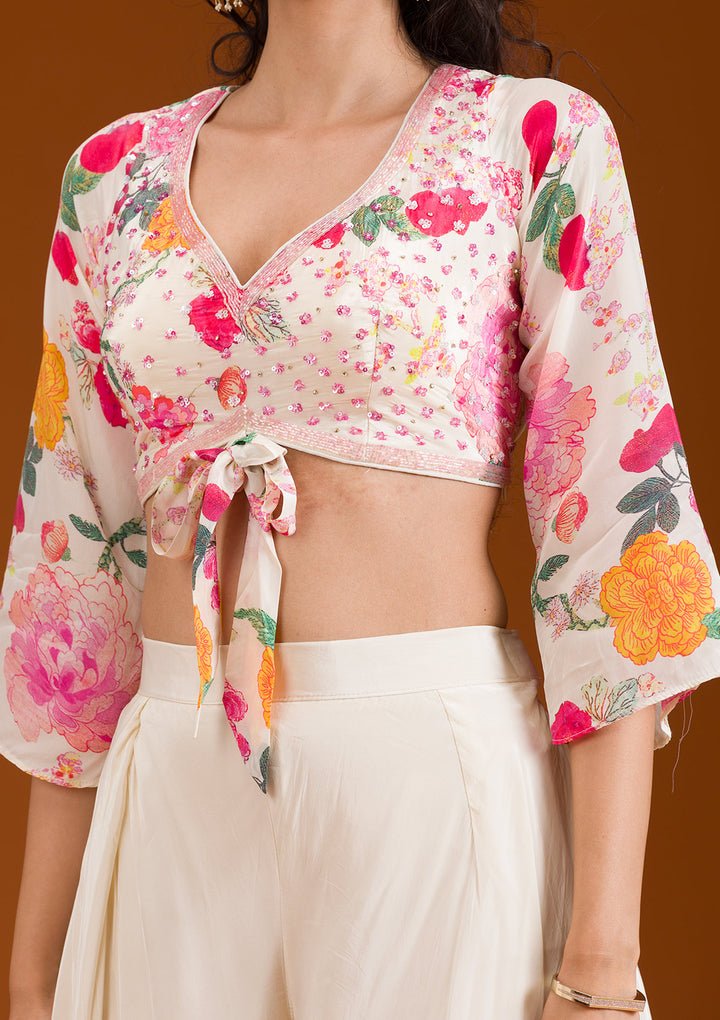 Cream Printed Semi Crepe Readymade Salwar Suit
