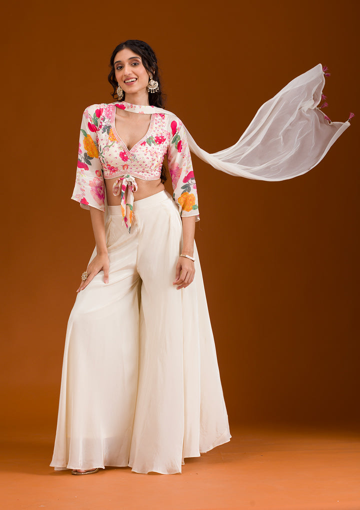 Cream Printed Semi Crepe Readymade Salwar Suit