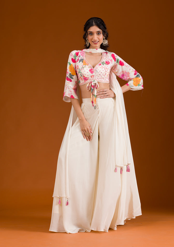 Cream Printed Semi Crepe Readymade Salwar Suit