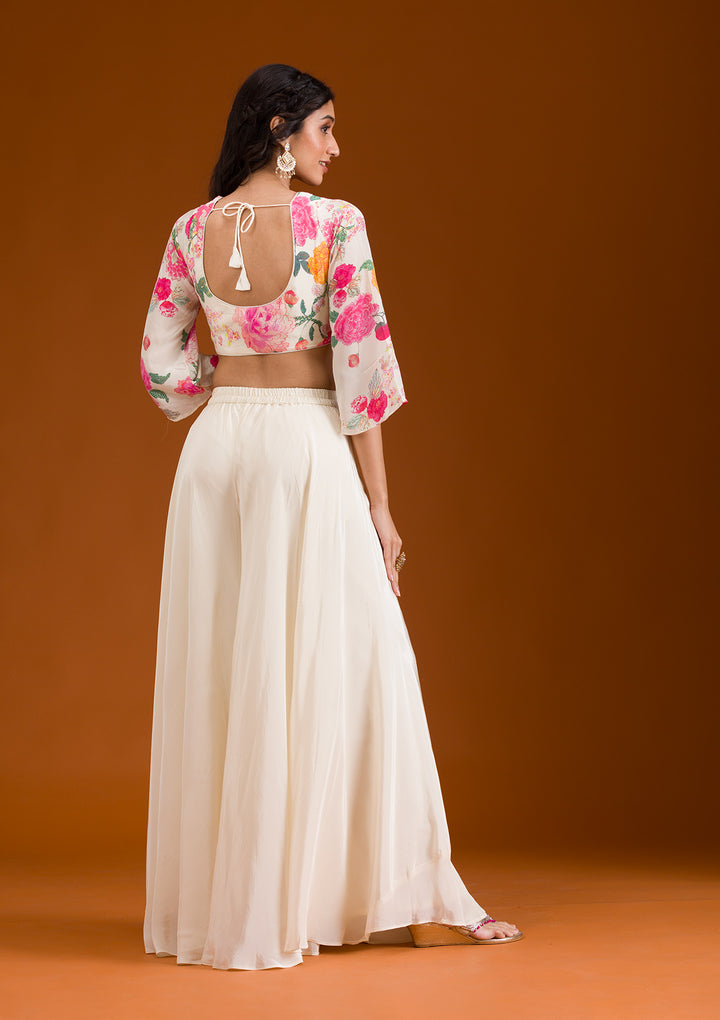 Cream Printed Semi Crepe Readymade Salwar Suit