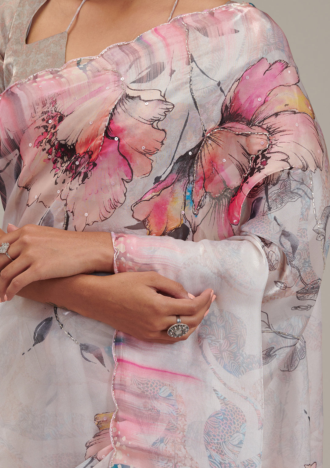 Cream Printed Tissue Saree