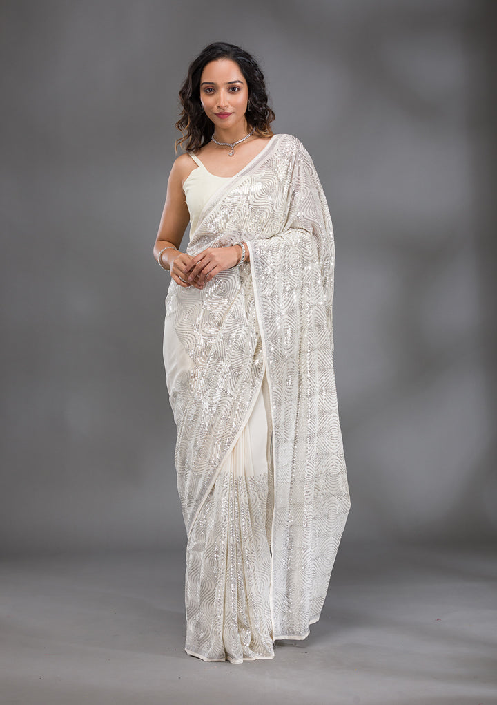 Cream Sequins Georgette Saree