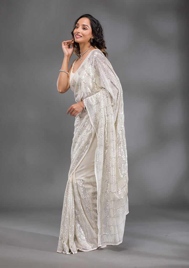 Cream Sequins Georgette Saree