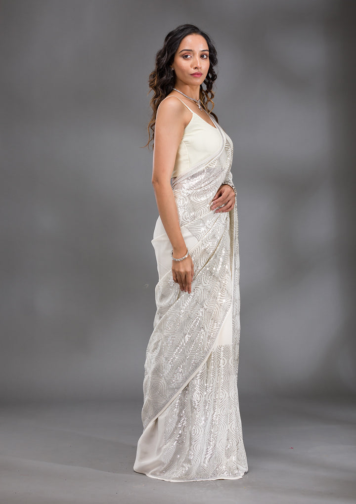 Cream Sequins Georgette Saree