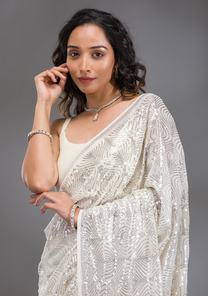 Cream Sequins Georgette Saree