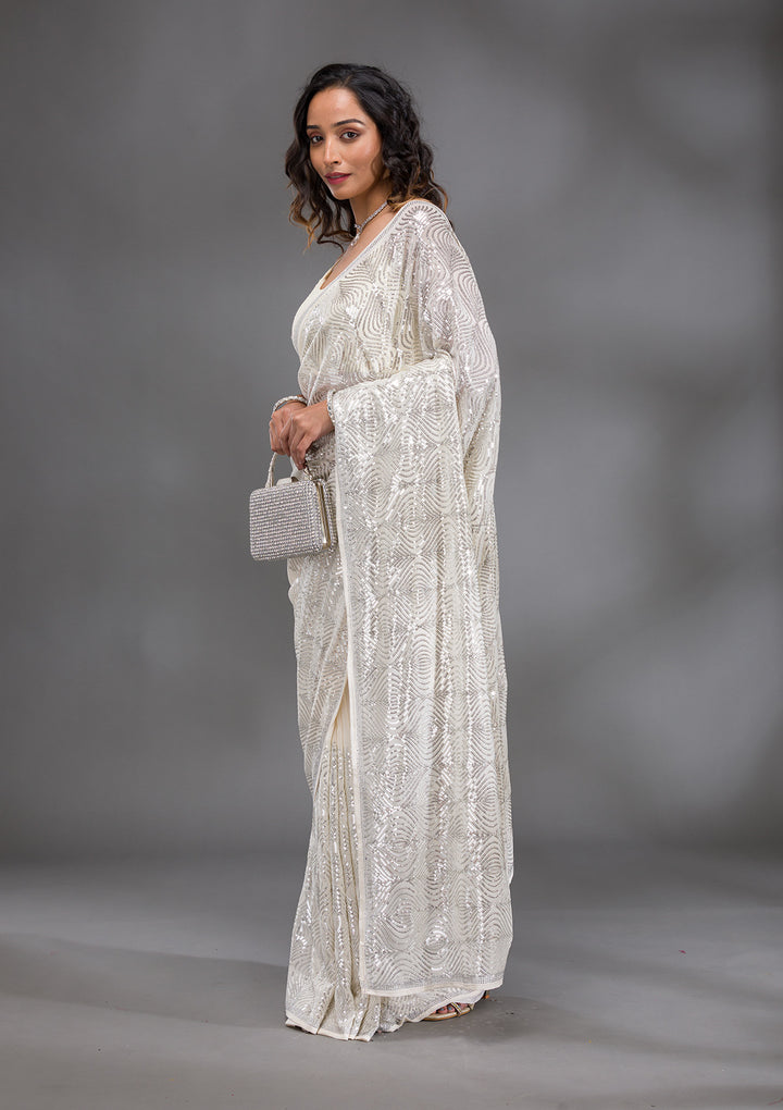 Cream Sequins Georgette Saree