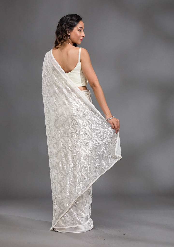 Cream Sequins Georgette Saree