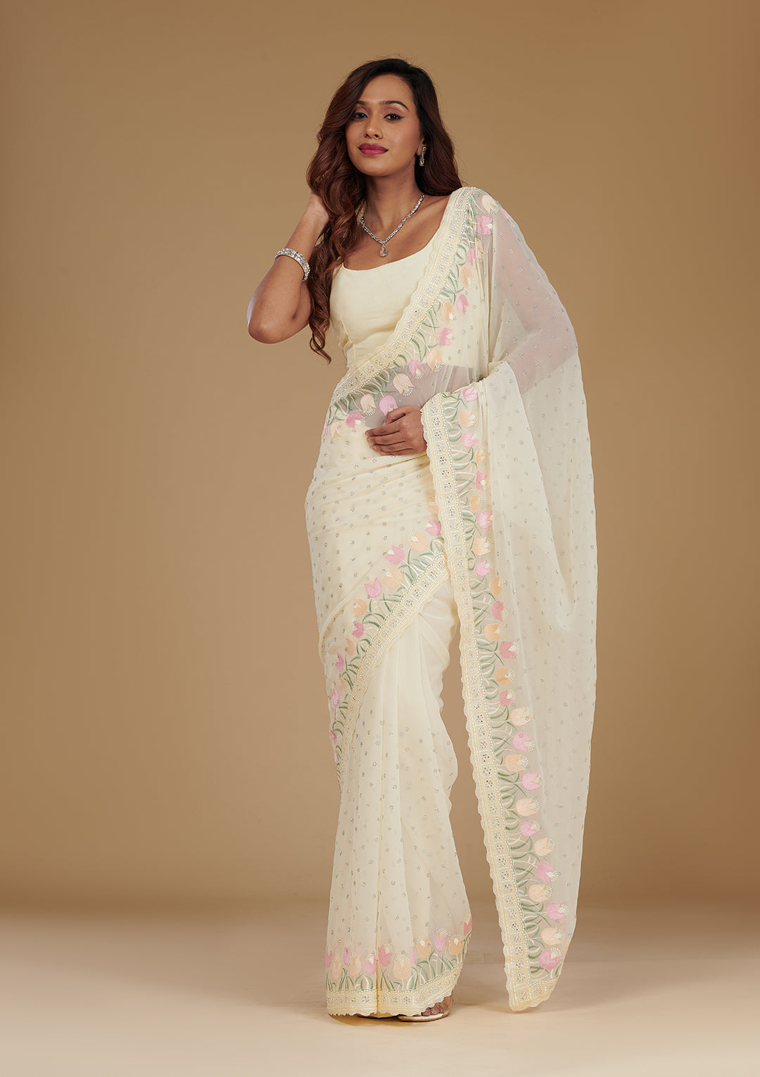 Cream Sequins Georgette Saree