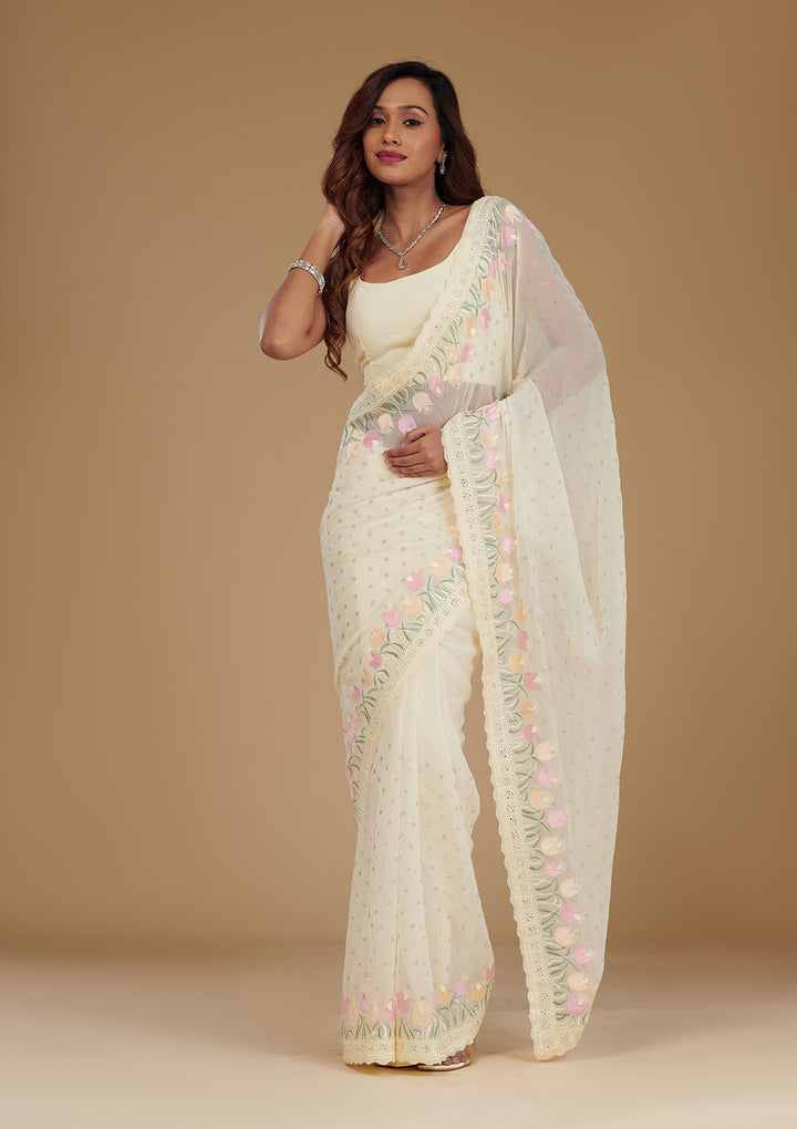 Cream Sequins Georgette Saree