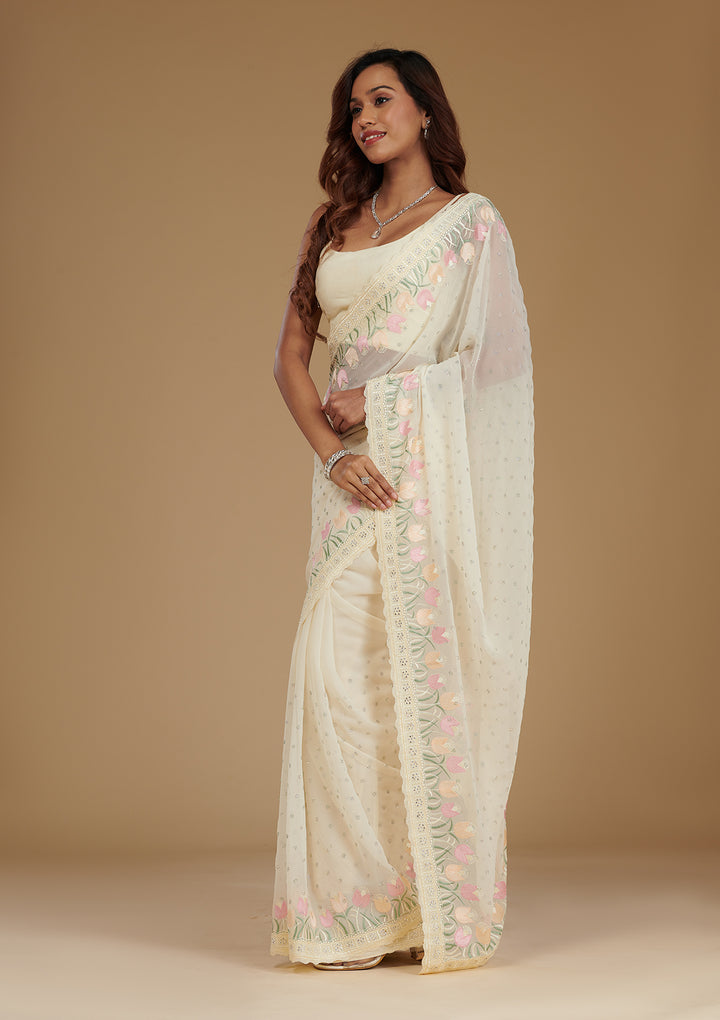 Cream Sequins Georgette Saree