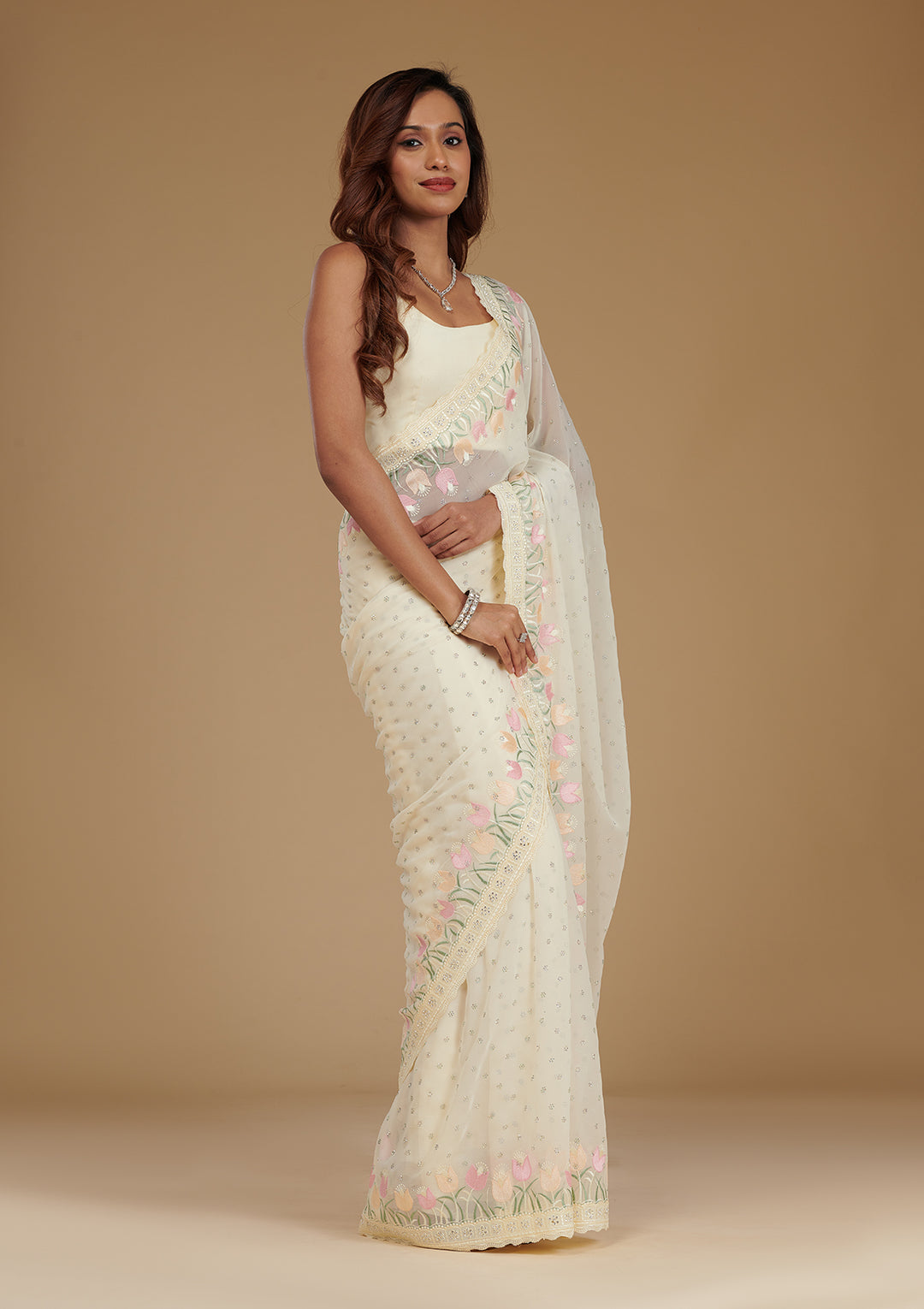 Cream Sequins Georgette Saree