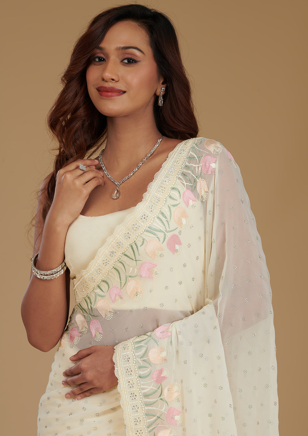 Cream Sequins Georgette Saree