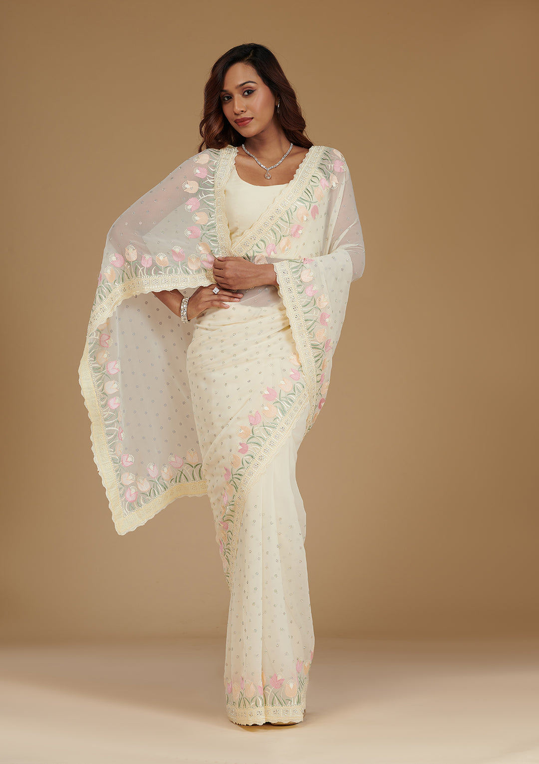 Cream Sequins Georgette Saree
