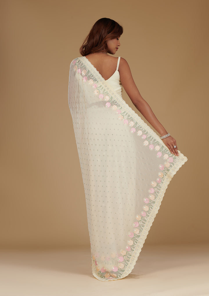 Cream Sequins Georgette Saree