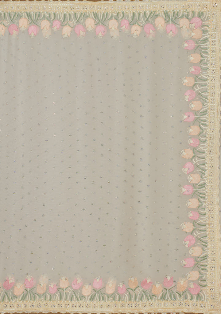 Cream Sequins Georgette Saree