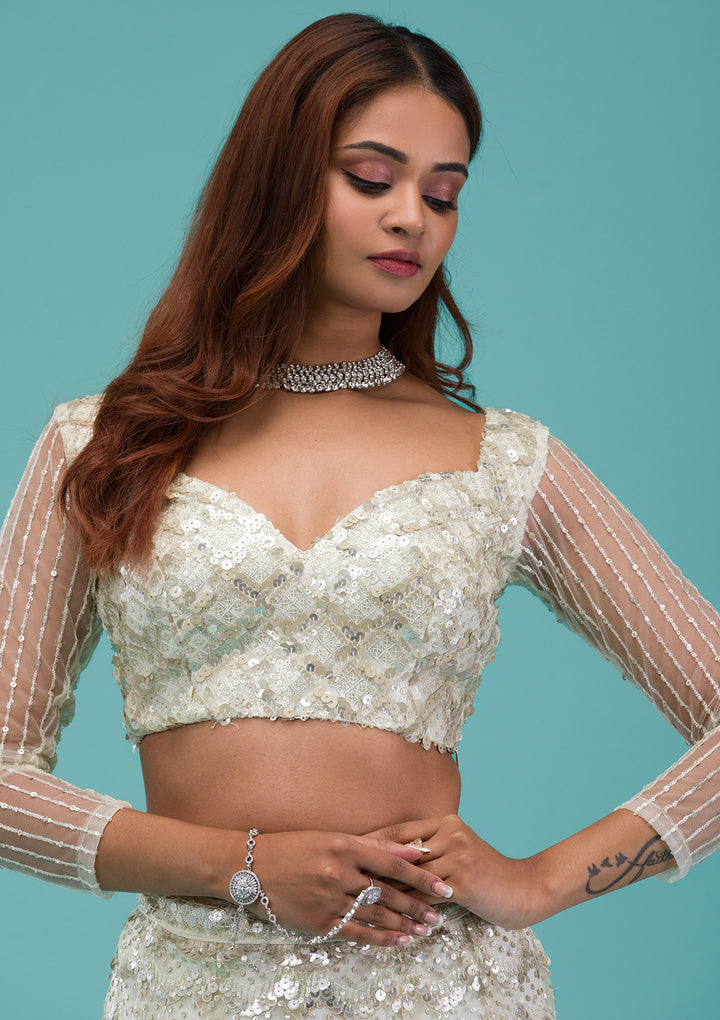 Cream Sequins Net Semi Stitched Lehenga