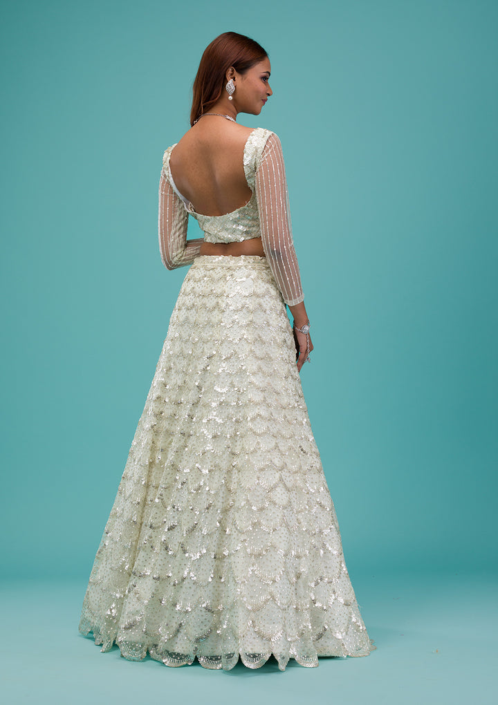 Cream Sequins Net Semi Stitched Lehenga