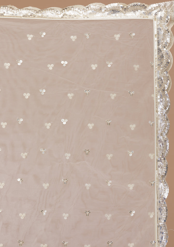 Cream Sequins Net Semi Stitched Lehenga