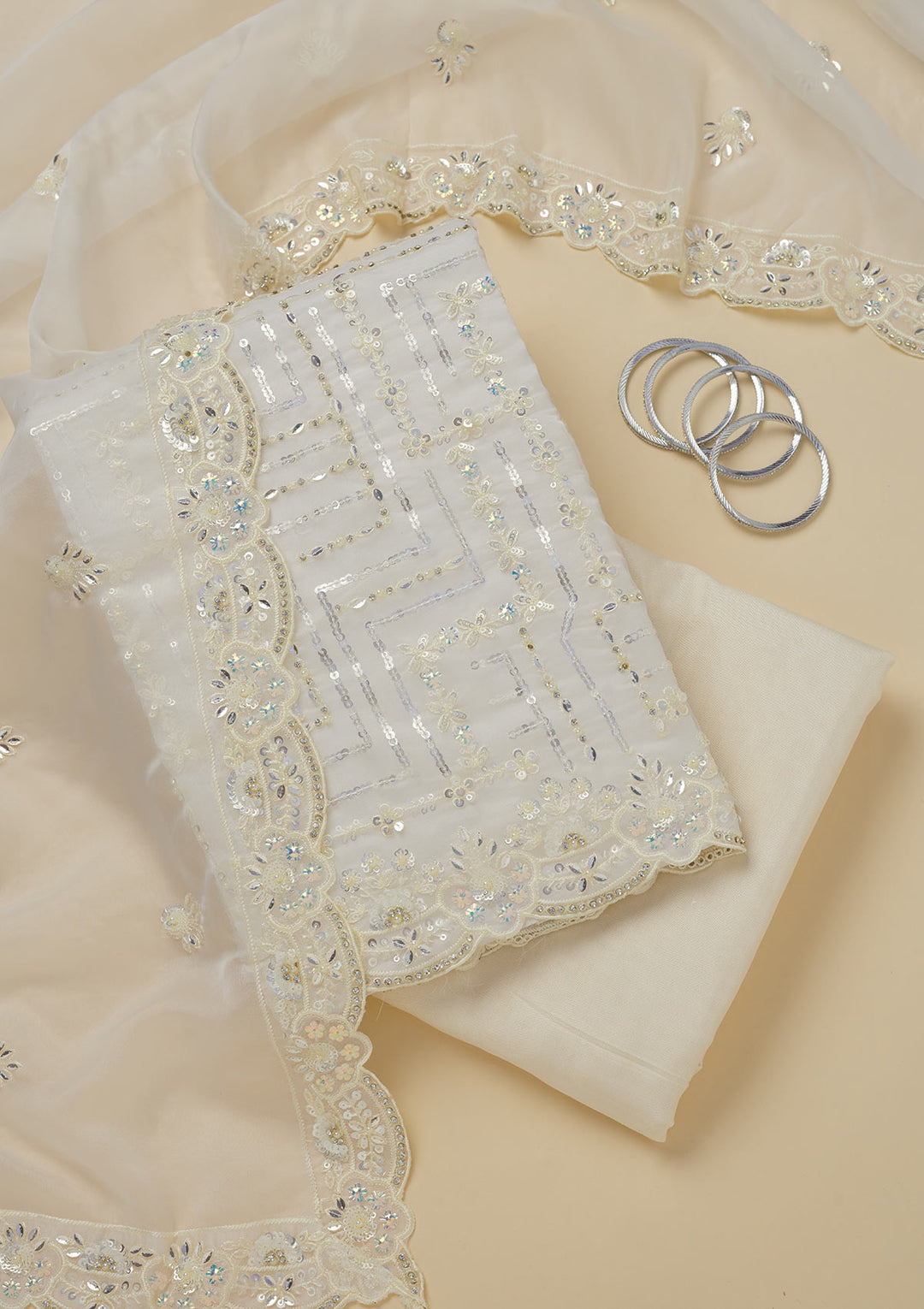 Cream Sequins Organza Unstitched Salwar Suit