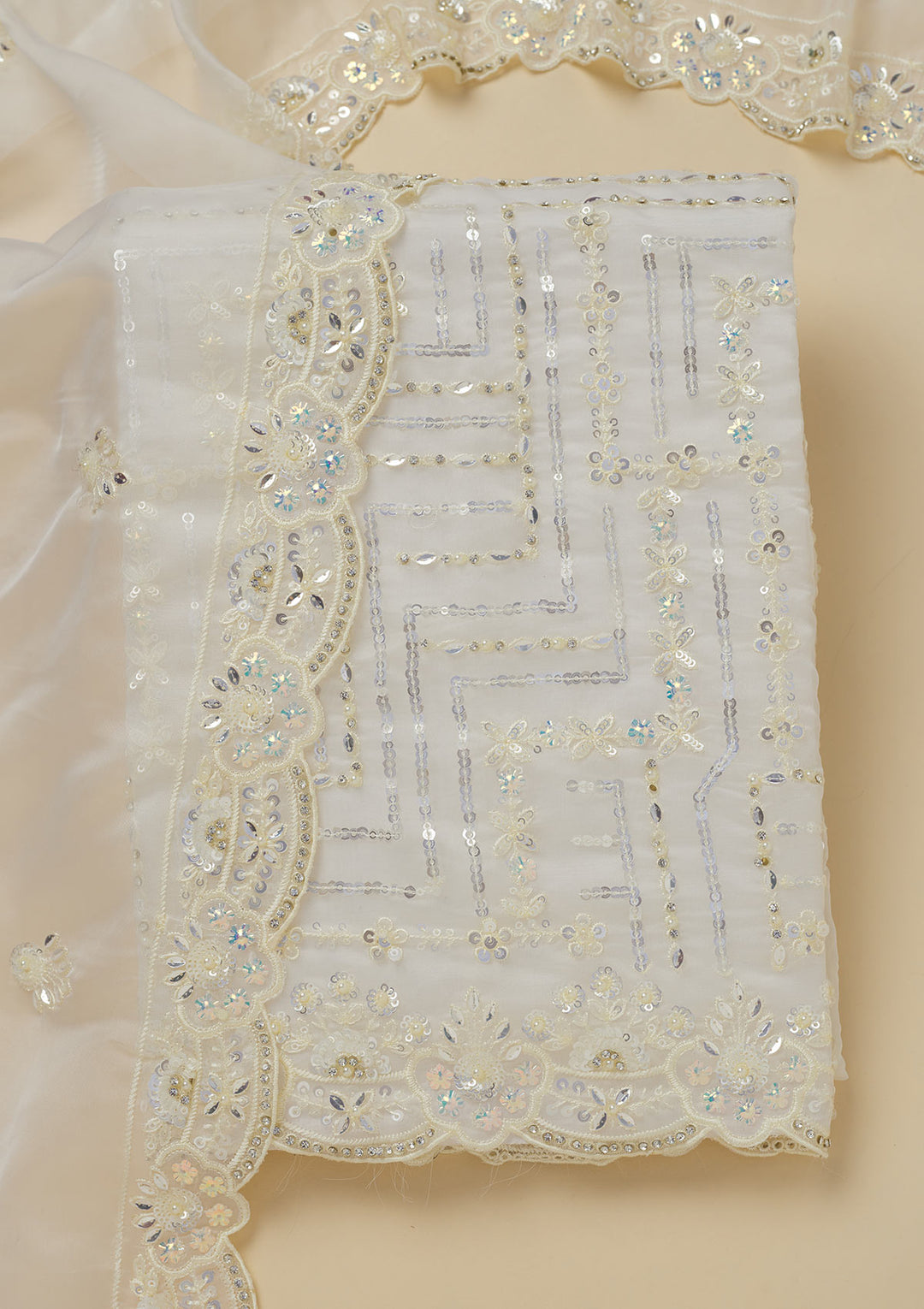 Cream Sequins Organza Unstitched Salwar Suit