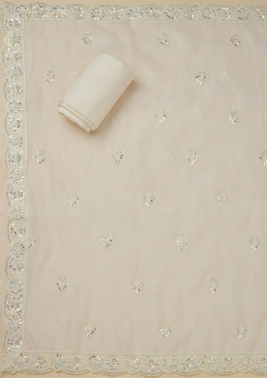 Cream Sequins Organza Unstitched Salwar Suit