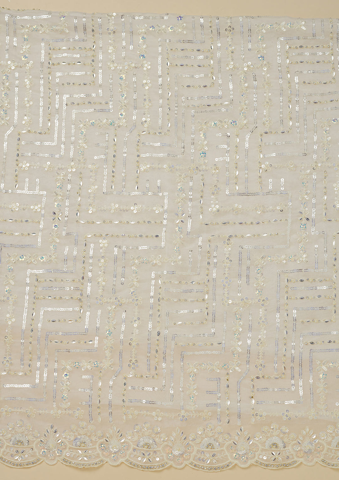 Cream Sequins Organza Unstitched Salwar Suit