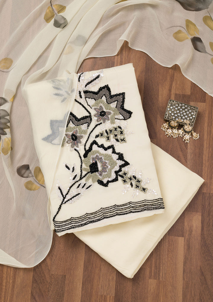 Cream Sequins Tissue Unstitched Salwar Suit