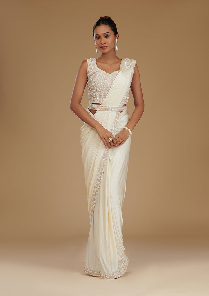 Cream Stonework Satin Readymade Saree