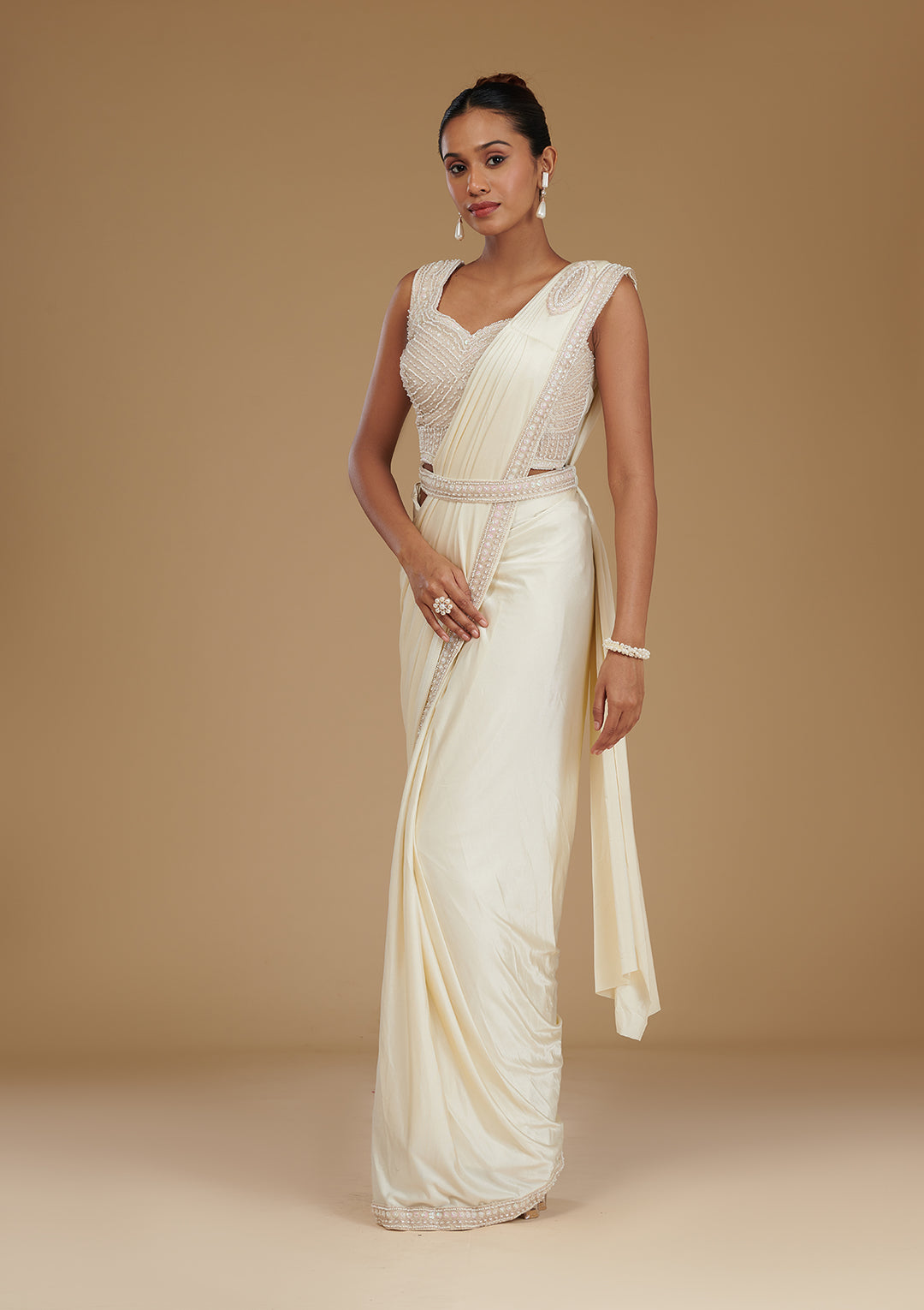Cream Stonework Satin Readymade Saree
