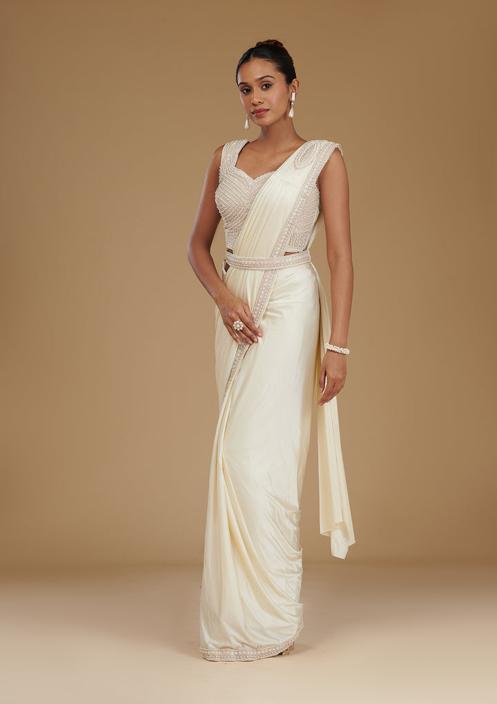 Cream Stonework Satin Readymade Saree