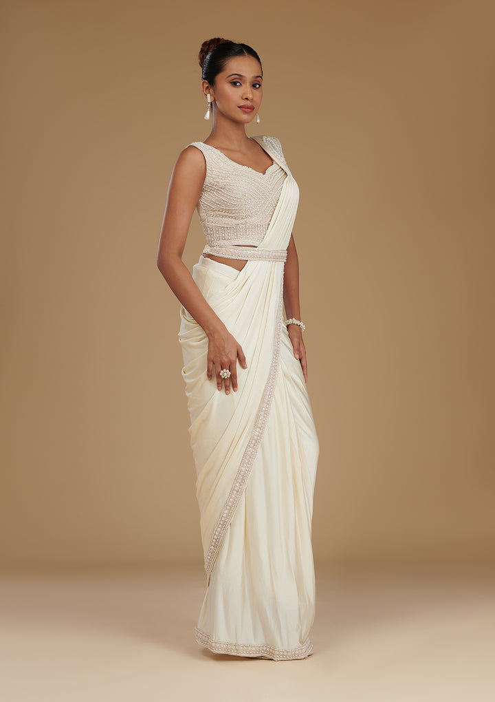 Cream Stonework Satin Readymade Saree