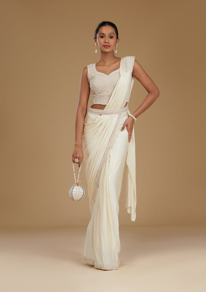 Cream Stonework Satin Readymade Saree