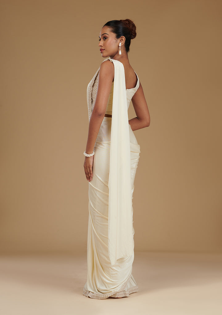 Cream Stonework Satin Readymade Saree