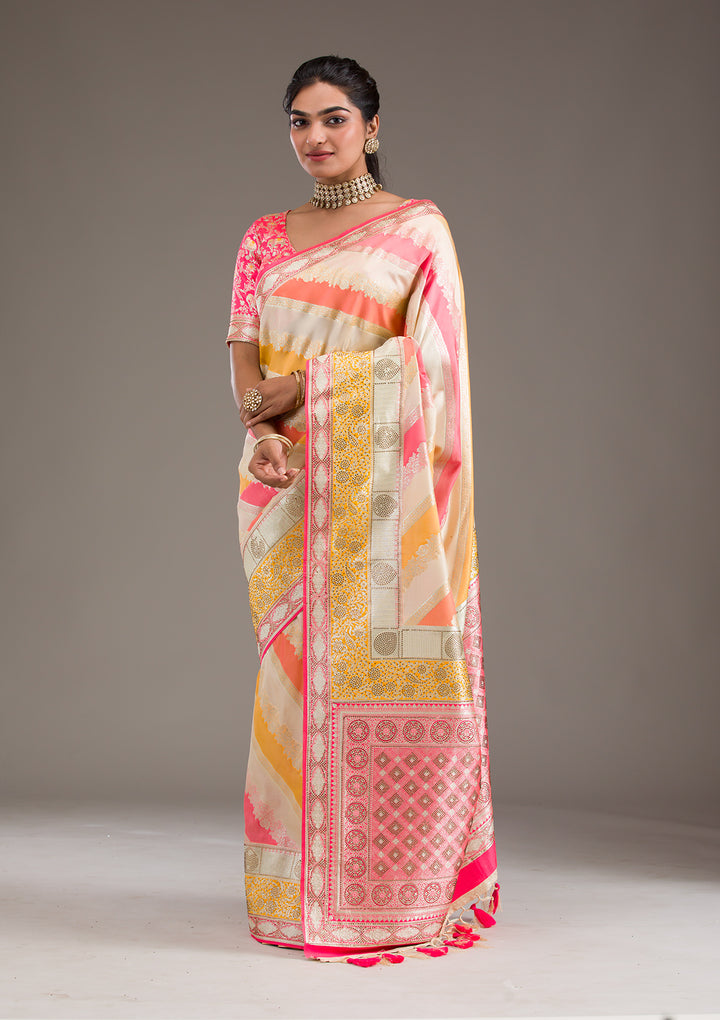Cream Swarovski Raw Silk Saree
