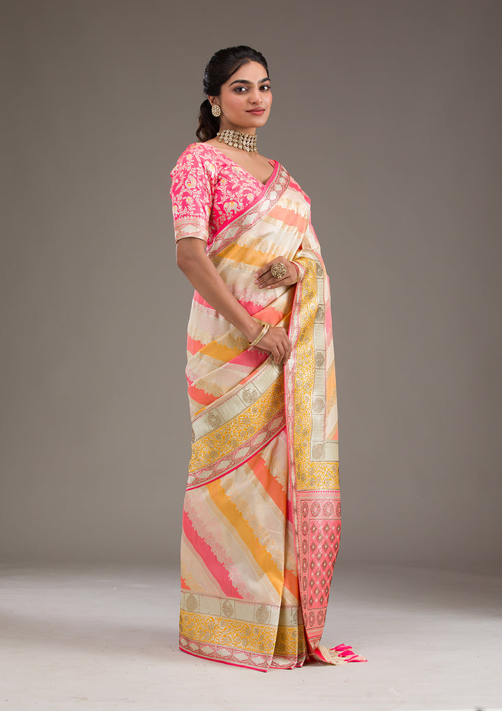 Cream Swarovski Raw Silk Saree