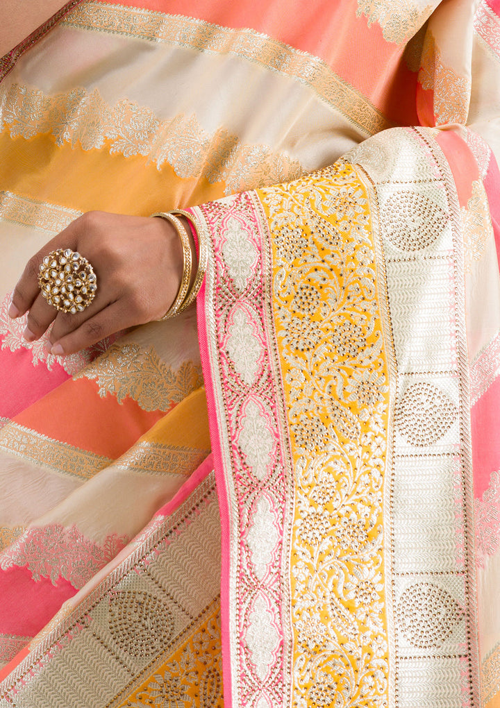 Cream Swarovski Raw Silk Saree