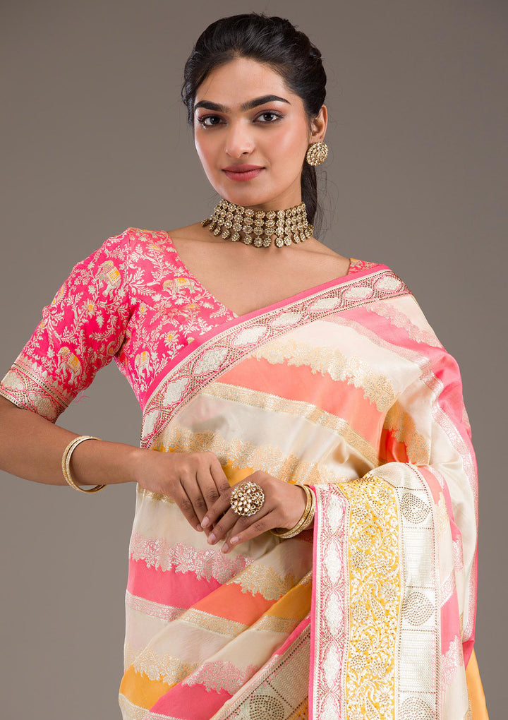 Cream Swarovski Raw Silk Saree