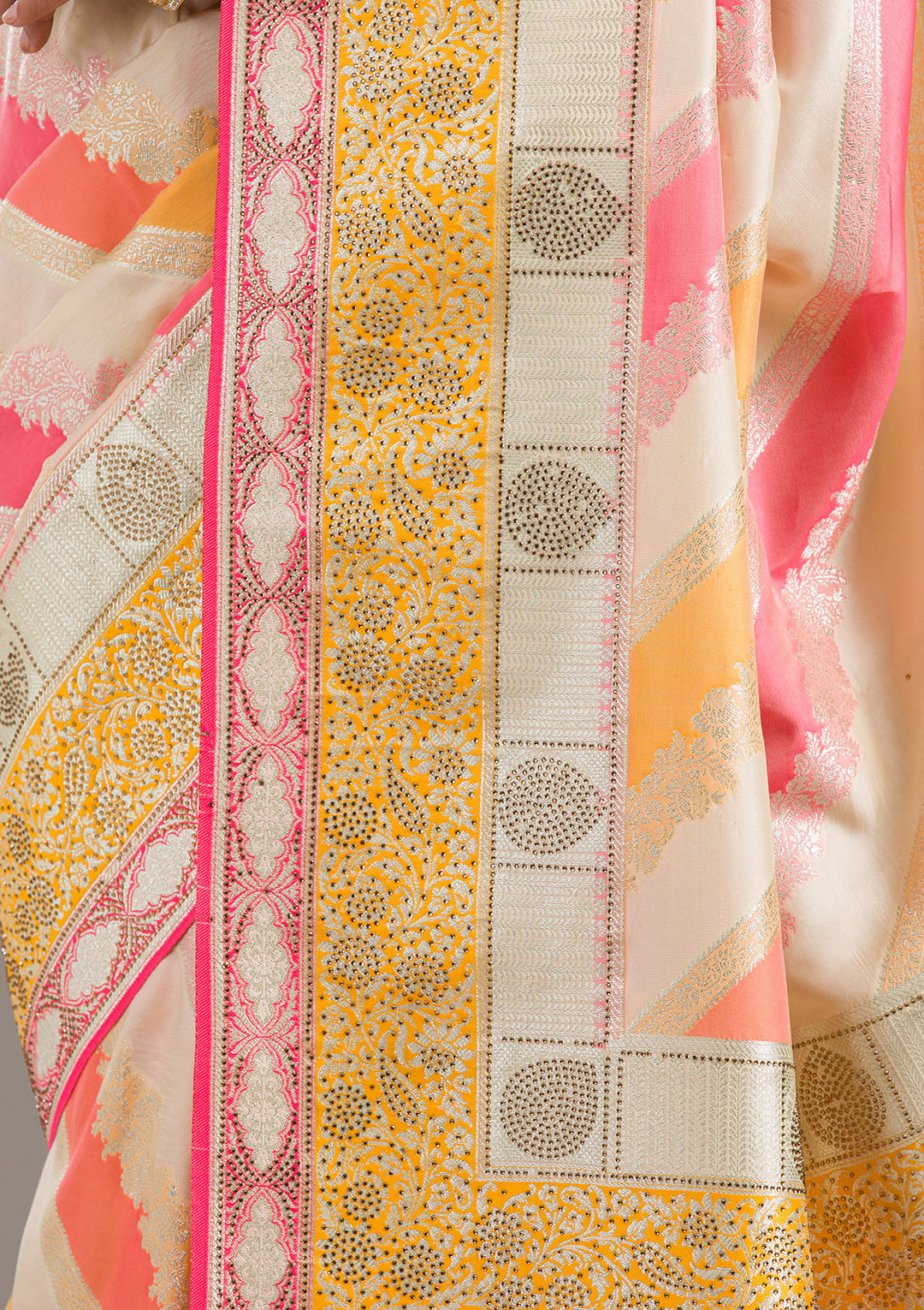 Cream Swarovski Raw Silk Saree