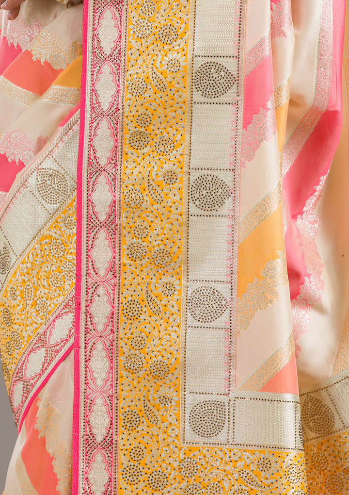 Cream Swarovski Raw Silk Saree