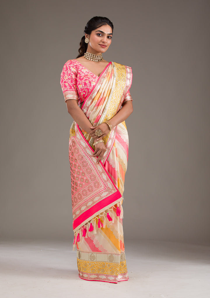 Cream Swarovski Raw Silk Saree