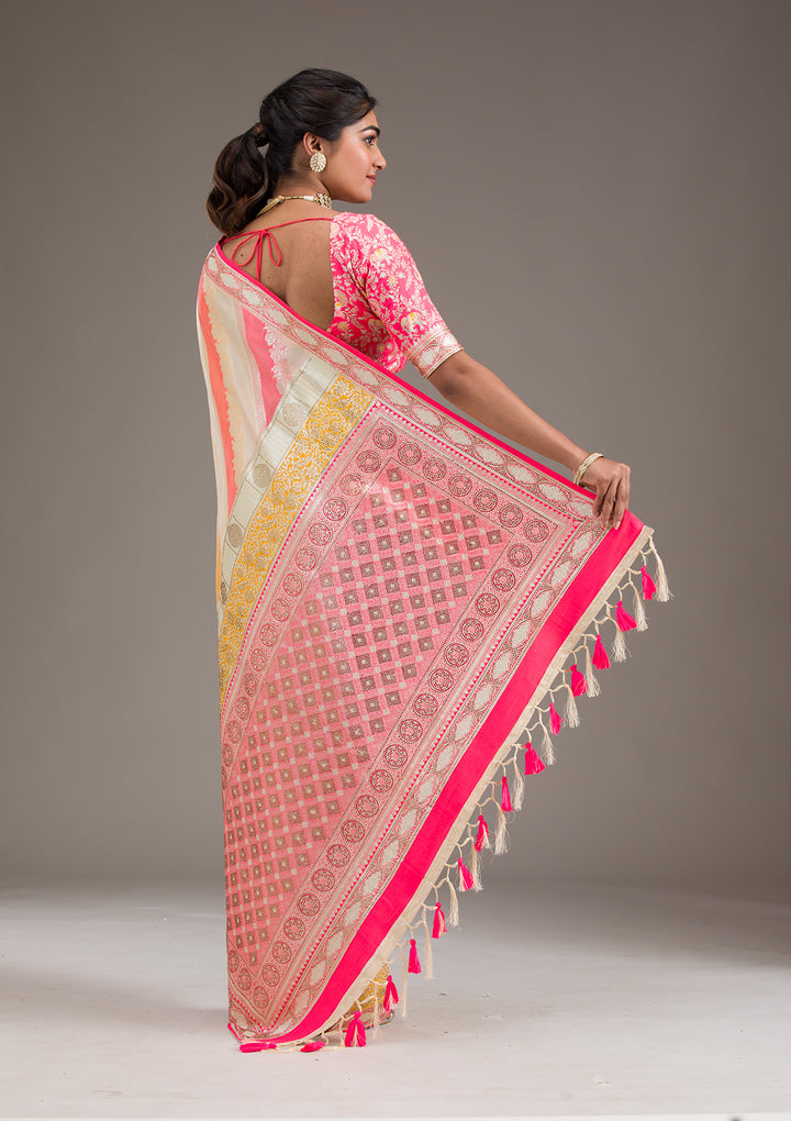Cream Swarovski Raw Silk Saree