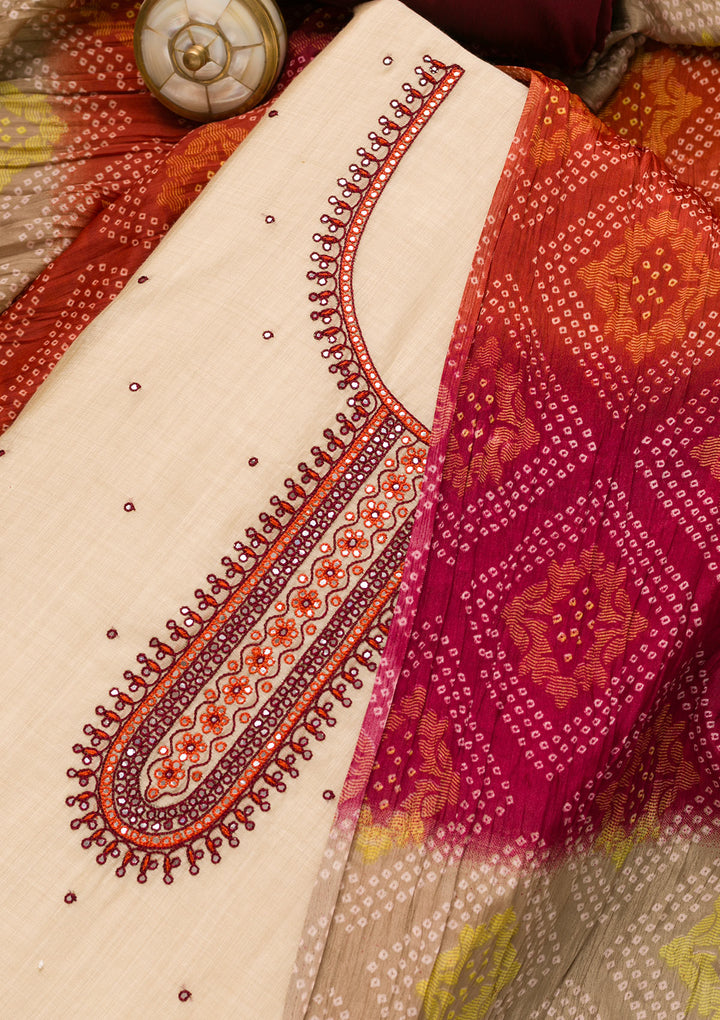 Cream Threadwork Chanderi Unstitched Salwar Suit