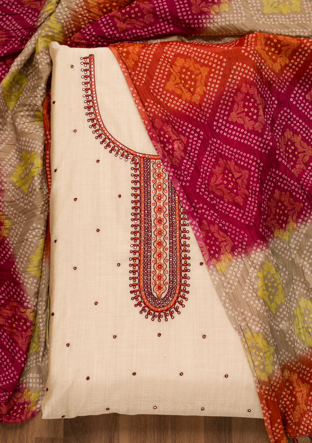 Cream Threadwork Chanderi Unstitched Salwar Suit