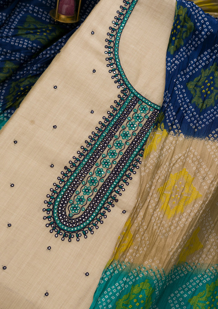 Cream Threadwork Chanderi Unstitched Salwar Suit