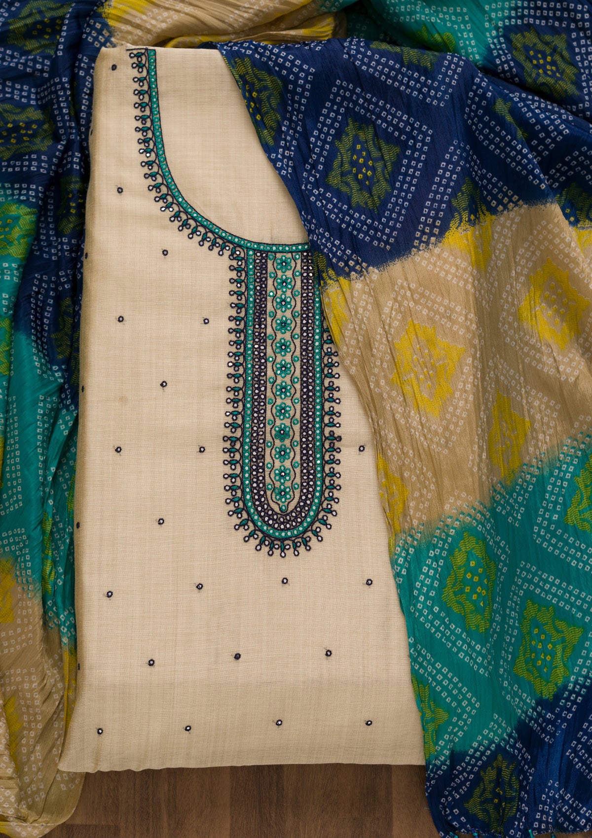 Cream Threadwork Chanderi Unstitched Salwar Suit