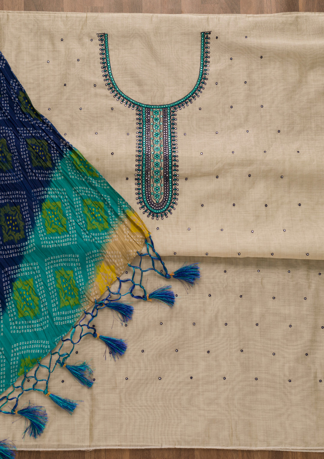 Cream Threadwork Chanderi Unstitched Salwar Suit