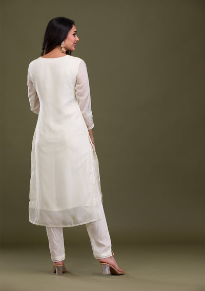 Cream Threadwork Cotton Readymade Salwar Suit