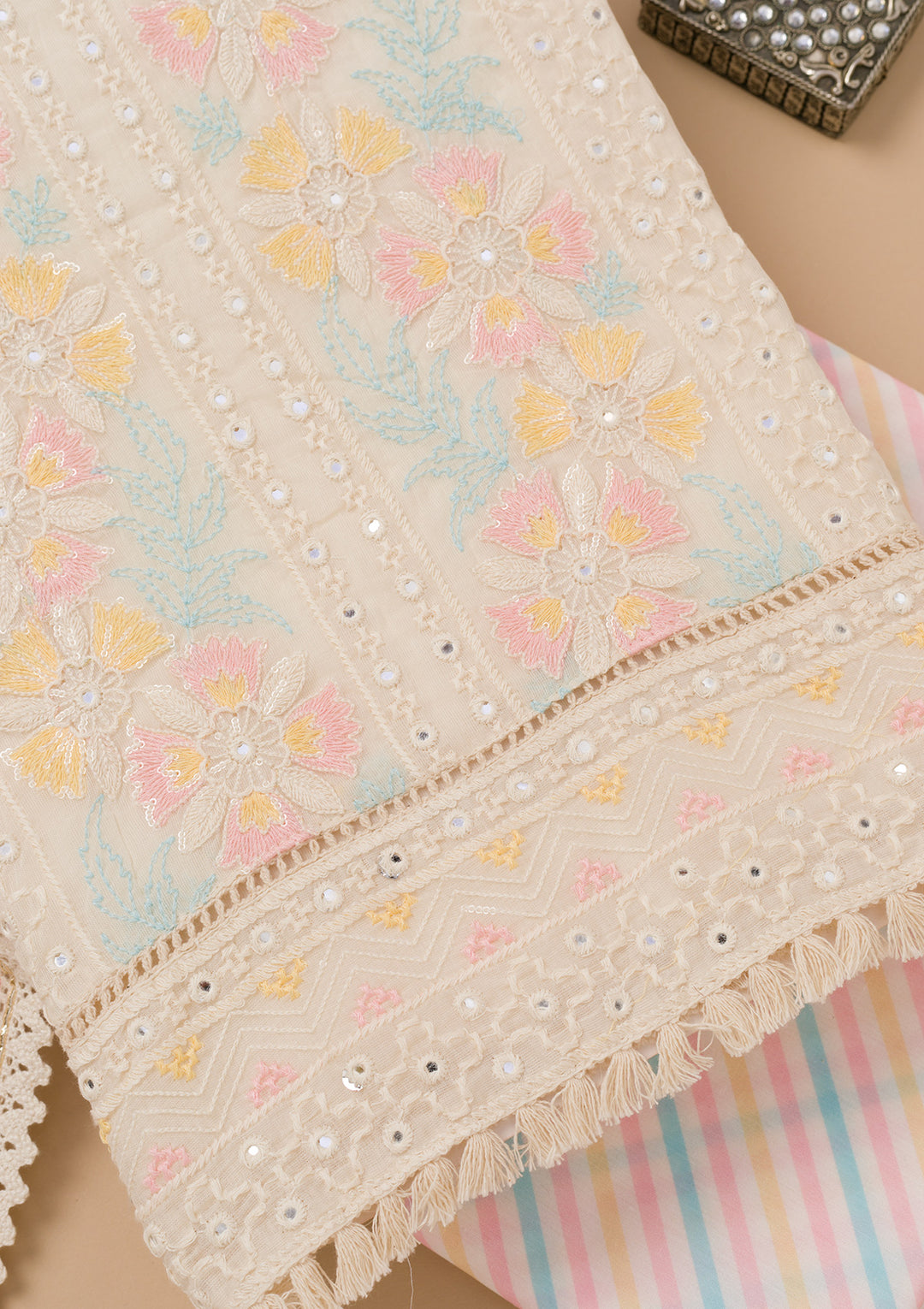 Cream Threadwork Cotton Unstitched Salwar Suit
