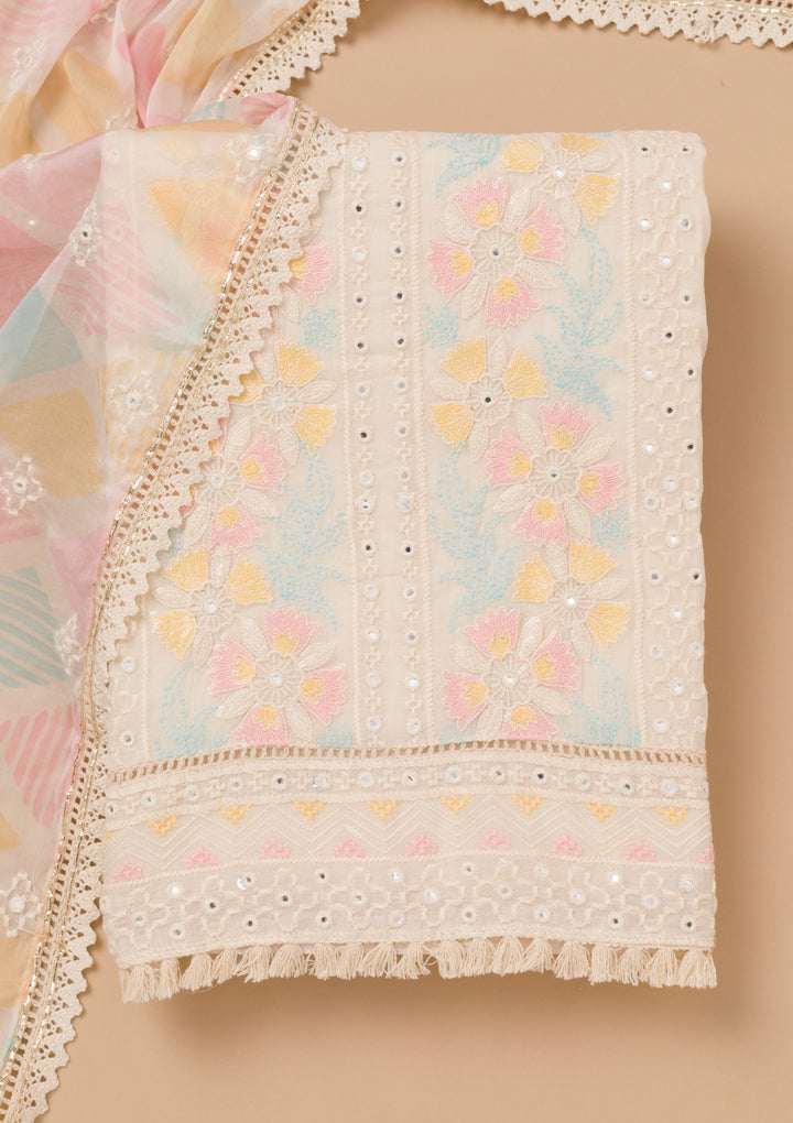 Cream Threadwork Cotton Unstitched Salwar Suit